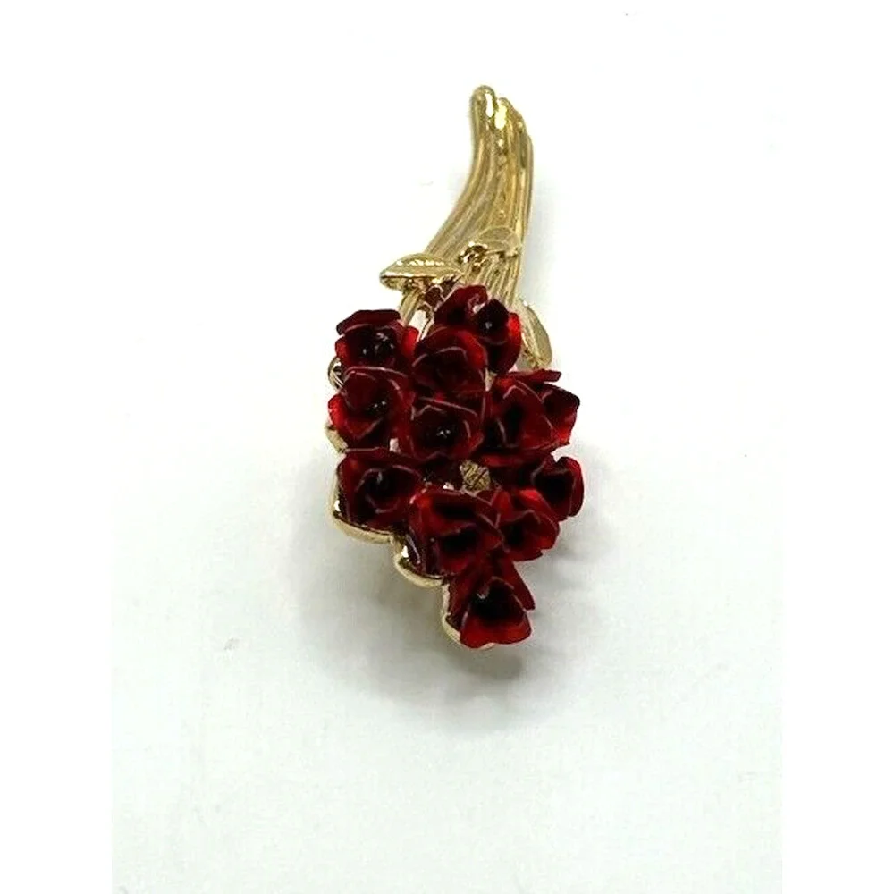 Vintage Avon Jewelry DM97 Gold Tone Dozen Enamel Red Roses Brooch‎ Pin 2.5